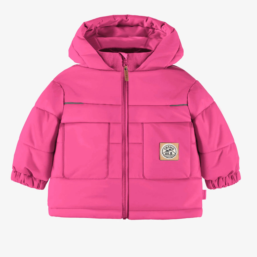 PINK PUFFER COAT WITH HIGH COLLAR AND HOOD IN NYLON, BABY