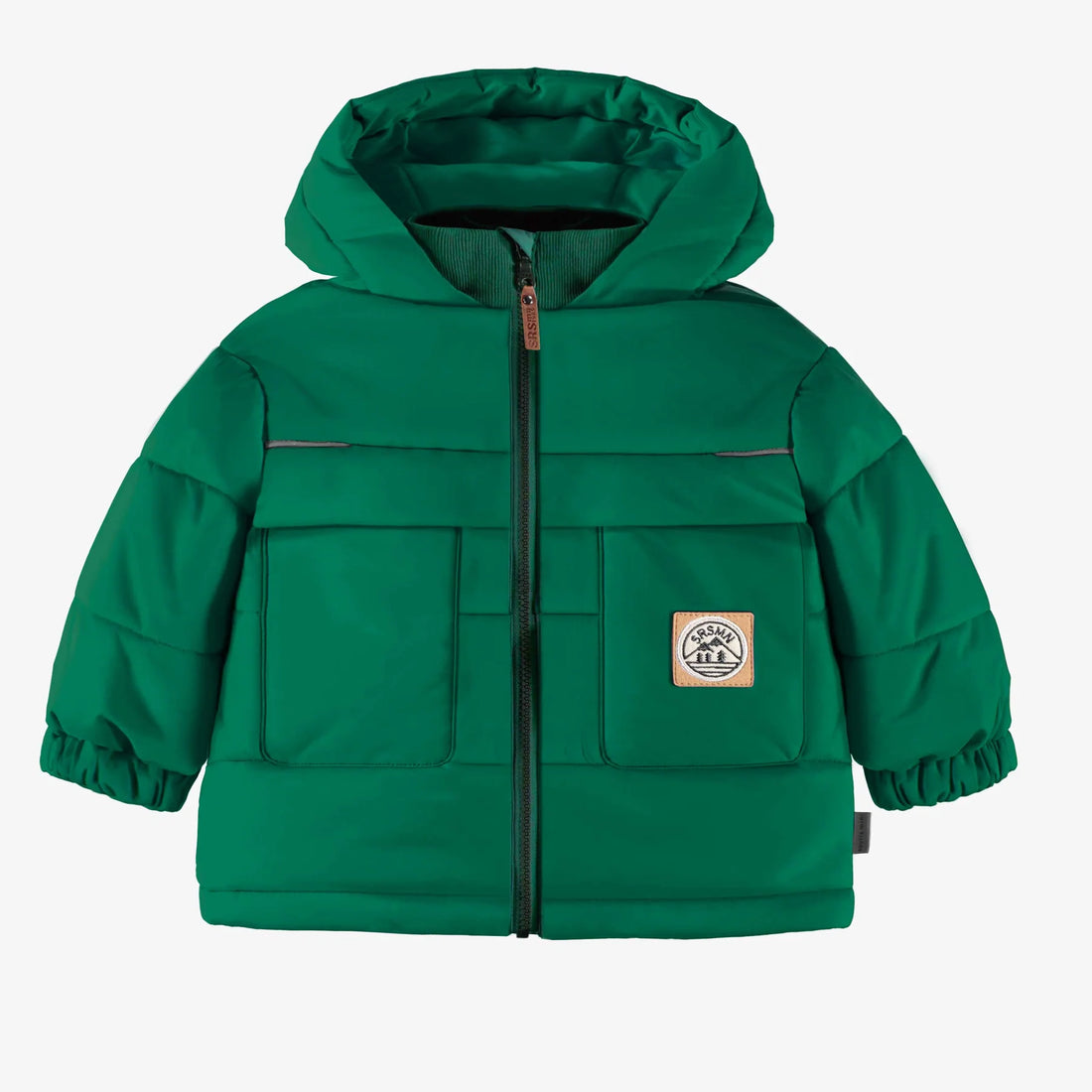 GREEN PUFFER COAT WITH HIGH COLLAR AND HOOD IN NYLON, BABY