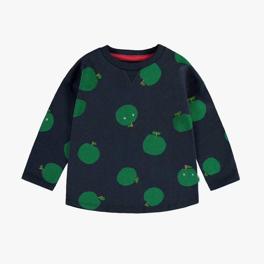 NAVY T-SHIRT WITH LONG SLEEVES AND GREEN APPLES PRINT IN JERSEY, BABY