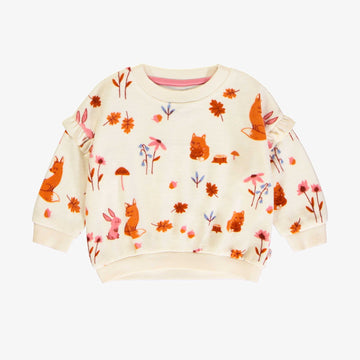 Cream fox print sweater with long ruffled sleeves in velvet, baby