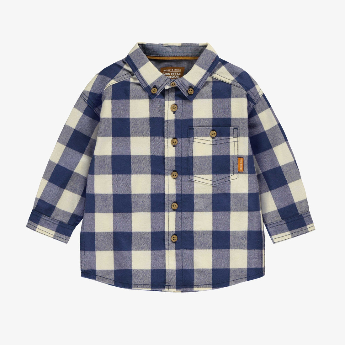 Steel blue and cream plaid shirt in soft flannel, baby