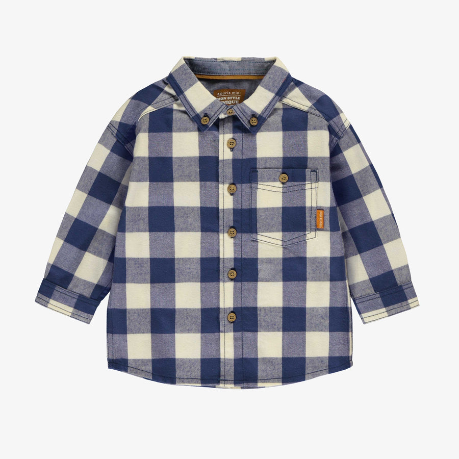 Steel blue and cream plaid shirt in soft flannel, baby