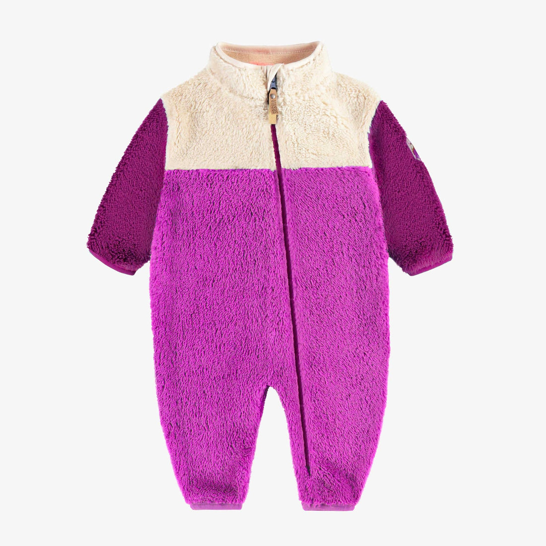 Purple sherpa one piece with color block and high collar, baby