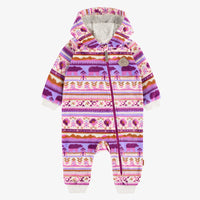 Purple and cream one piece with winter pattern and hood in fleece, baby