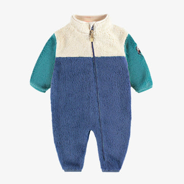 Blue sherpa one piece with color block and high collar, baby