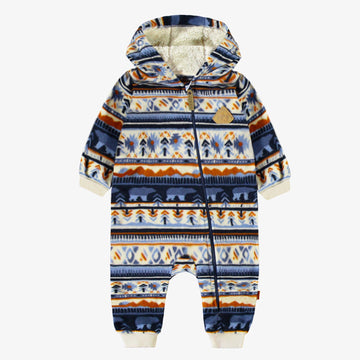 Blue and cream one piece with winter pattern and hood in fleece, baby