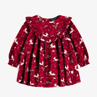 RED DRESS WITH RUFFLES AND REINDEER PRINT IN VISCOSE, BABY