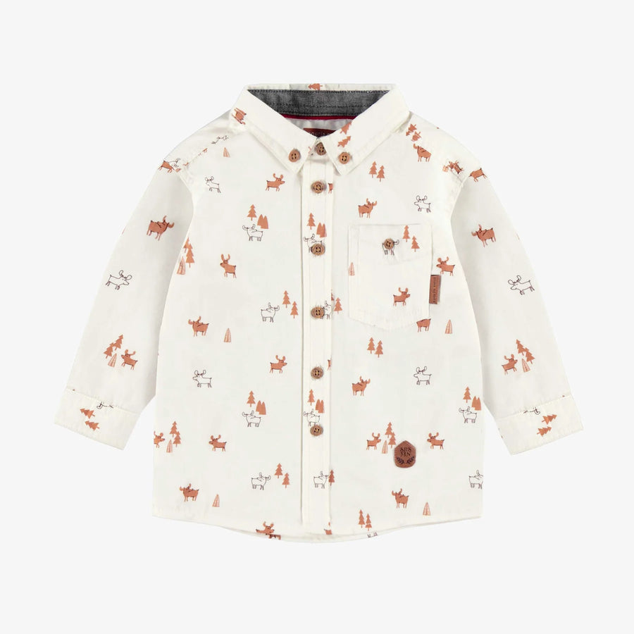 CREAM SHIRT WITH REINDEER ALL OVER PRINT IN COTTON POPLIN, BABY