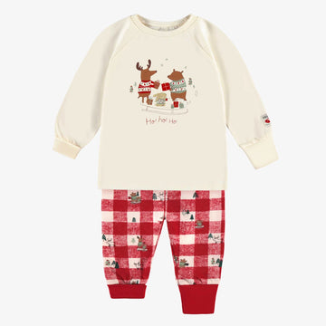 CREAM AND RED TWO PIECE PAJAMAS IN JERSEY WITH HOLIDAY ALL OVER PRINT AND PLAID, BABY