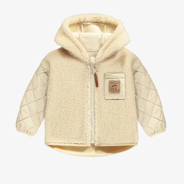 CREAM HOODED JACKET IN SHERPA AND PLUSH, BABY