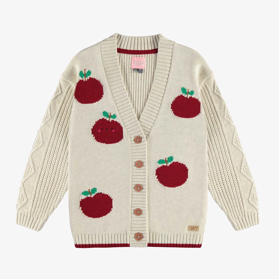 BEIGE KNITTED CARDIGAN RELAX FIT WITH A JACQUARD PRINT OF RED APPLES, CHILD