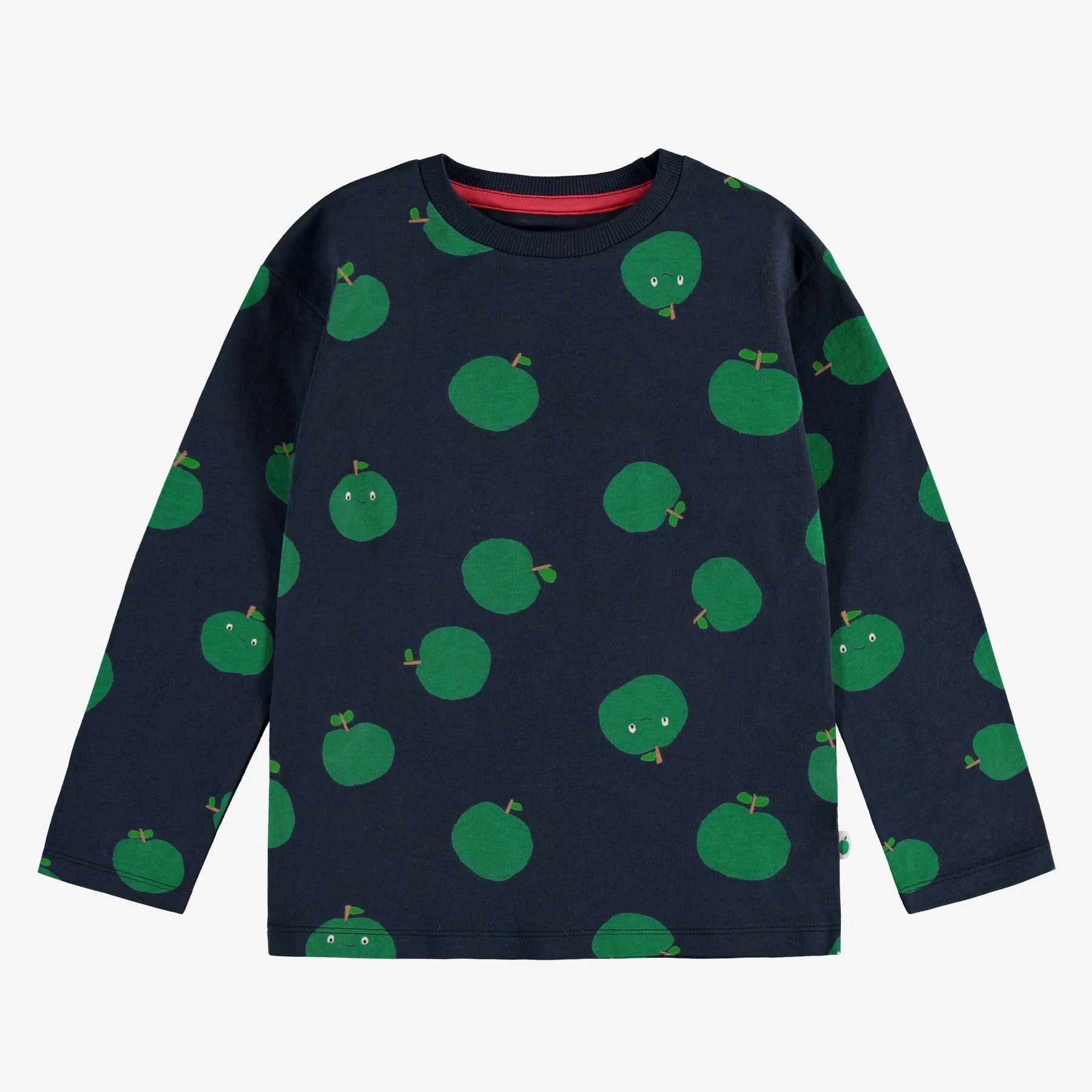 NAVY T-SHIRT WITH LONG SLEEVES AND GREEN APPLES PRINT JERSEY