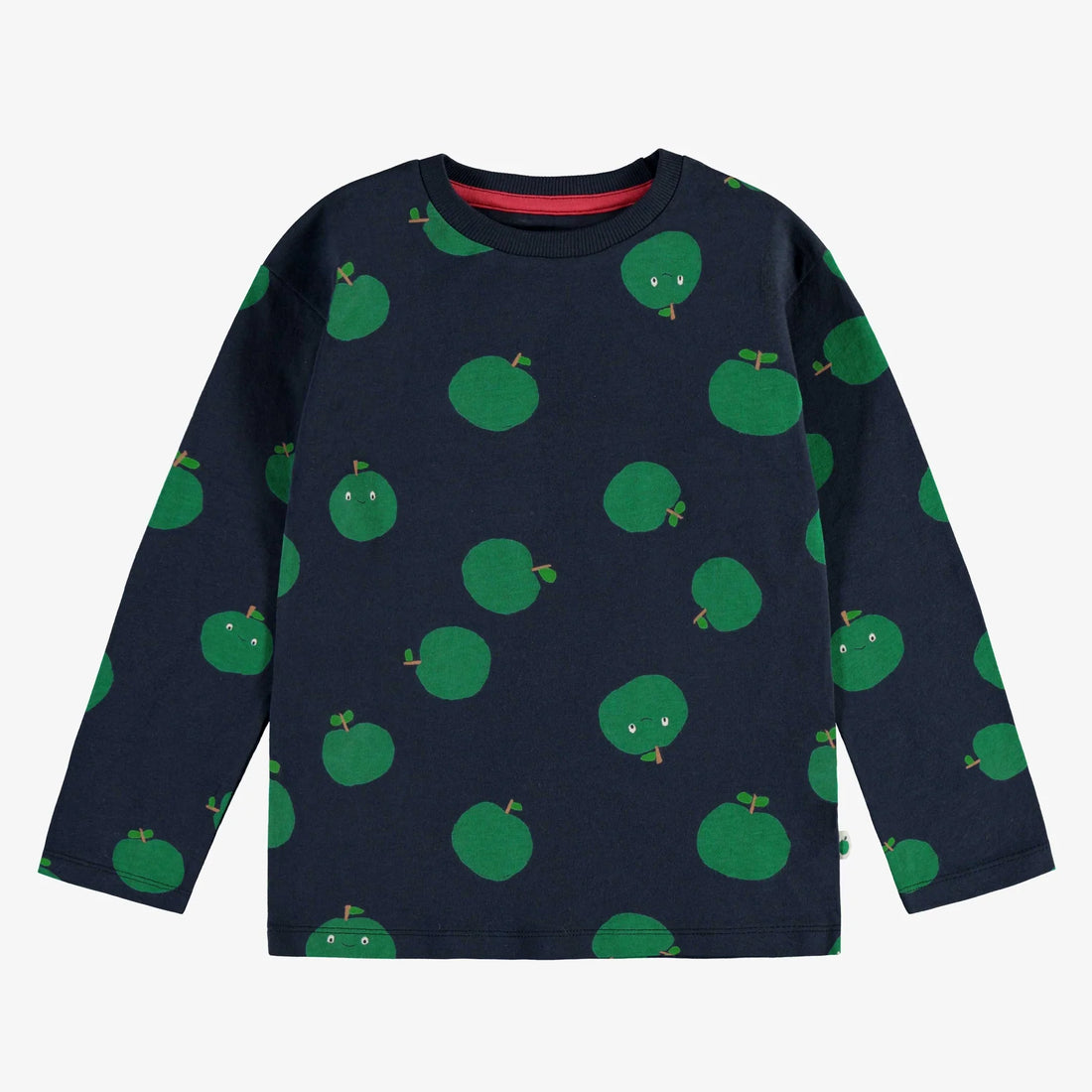 NAVY T-SHIRT WITH LONG SLEEVES AND GREEN APPLES PRINT IN JERSEY, CHILD