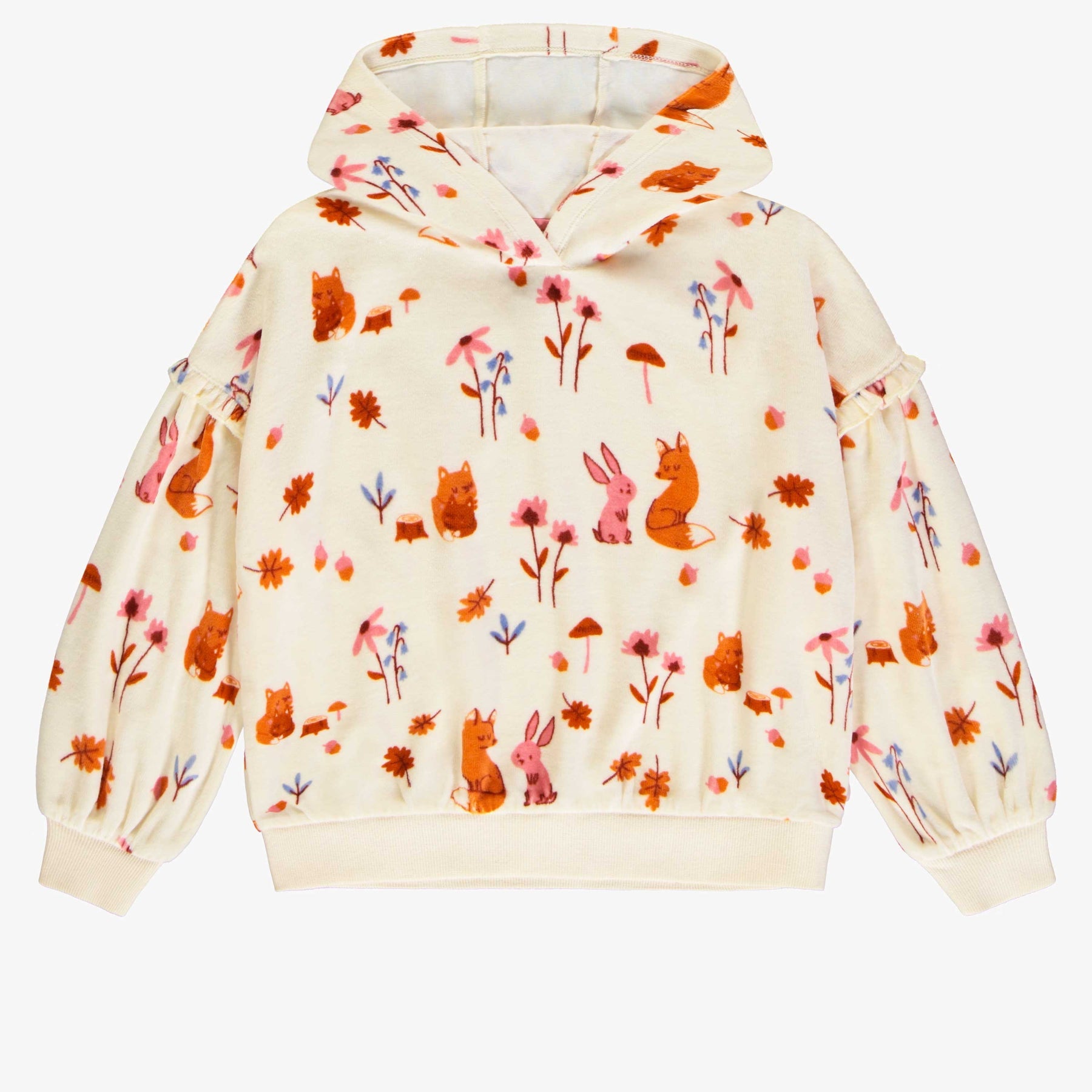 Cream sweater with long ruffled sleeves and fox all over print velvet, child