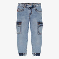 REGULAR-FIT PANTS WITH CARGO POCKETS IN LIGHT BLUE STRETCH DENIM, CHILD