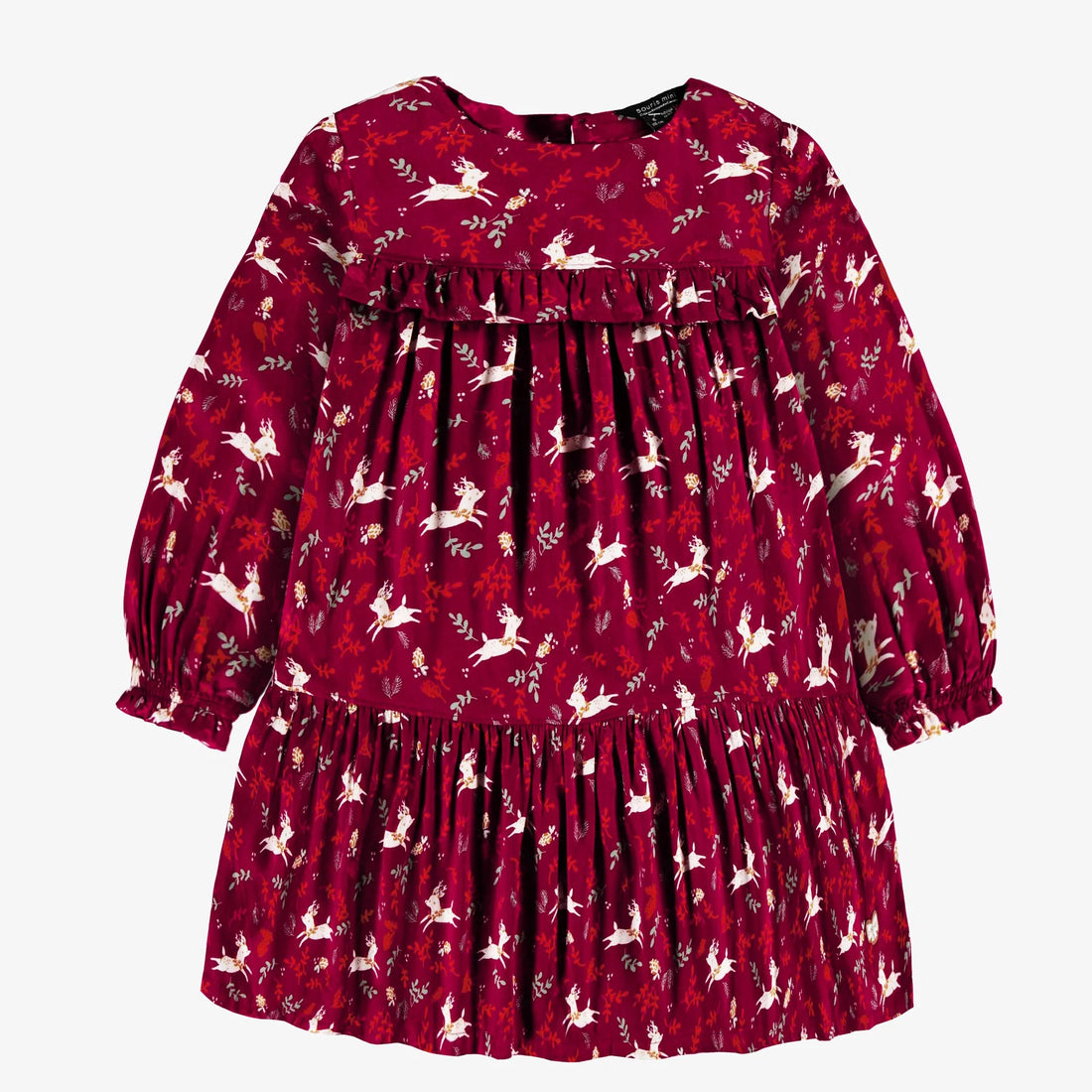 RED DRESS WITH RUFFLE AND REINDEER ALL OVER PRINT IN VISCOSE, CHILD