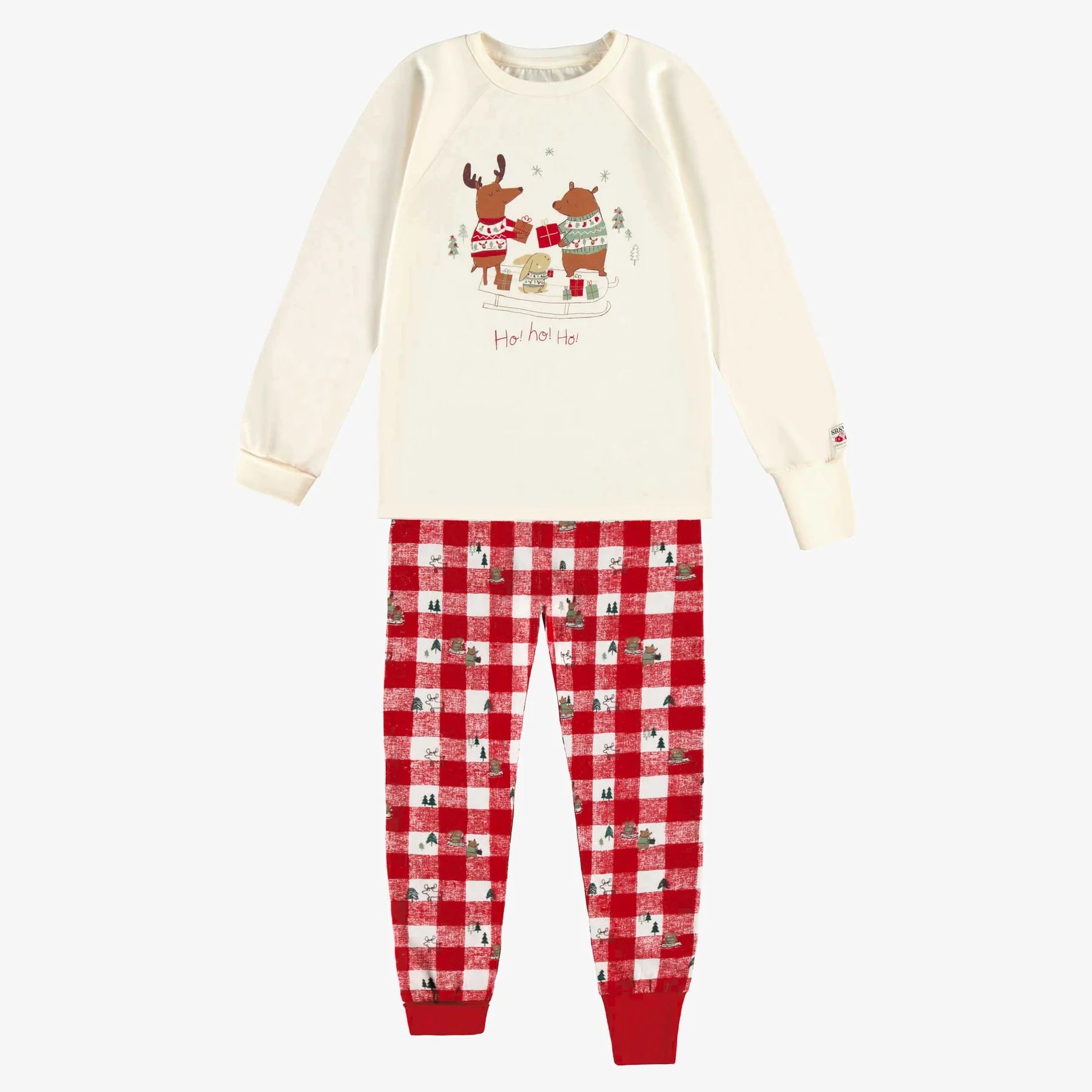 CREAM AND RED TWO PIECE PAJAMAS JERSEY WITH HOLIDAY ALL OVER PRINT PLAID