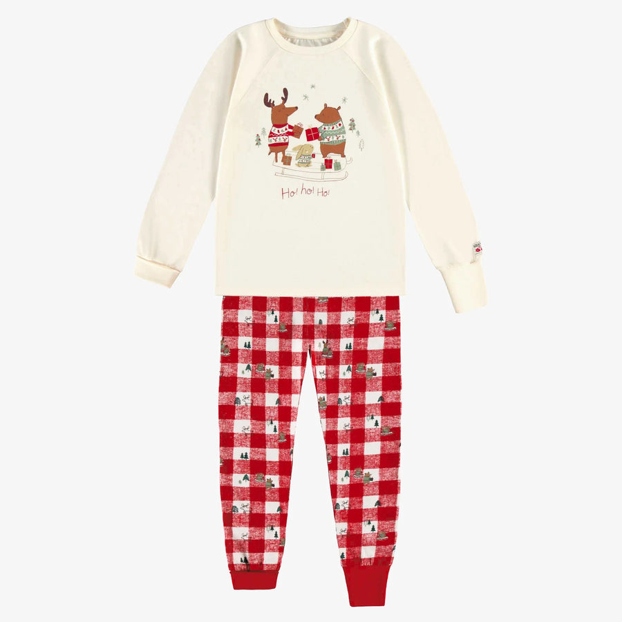 CREAM AND RED TWO PIECE PAJAMAS IN JERSEY WITH HOLIDAY ALL OVER PRINT AND PLAID, CHILD