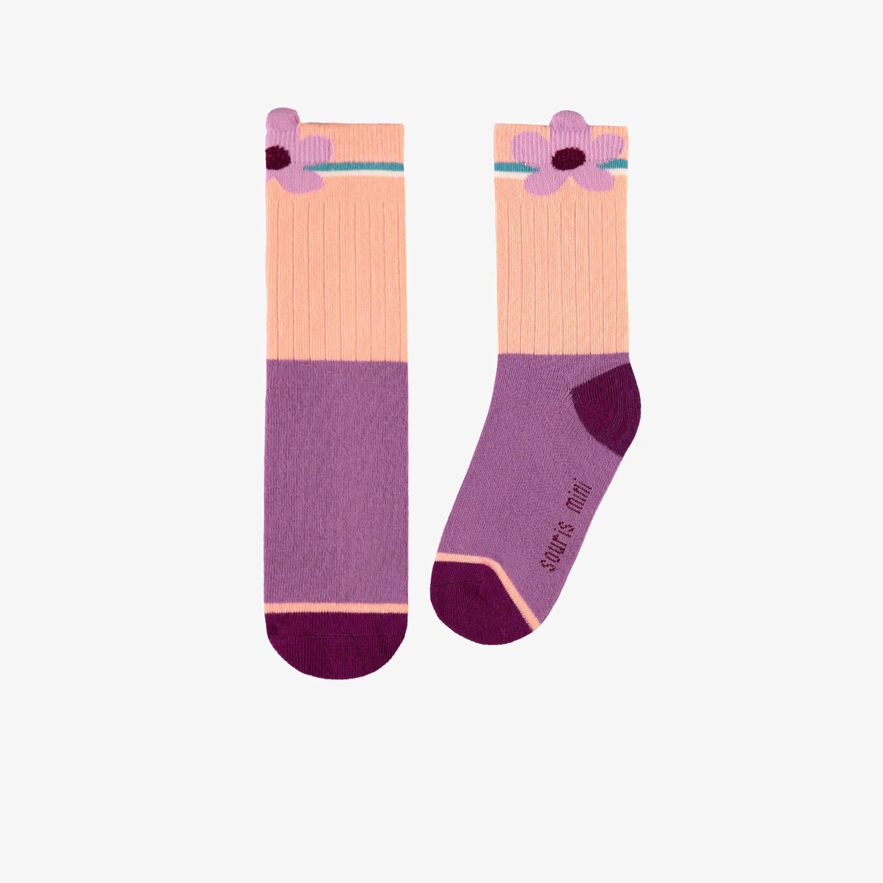 PEACH AND MAUVE SOCKS WITH A FLOWER