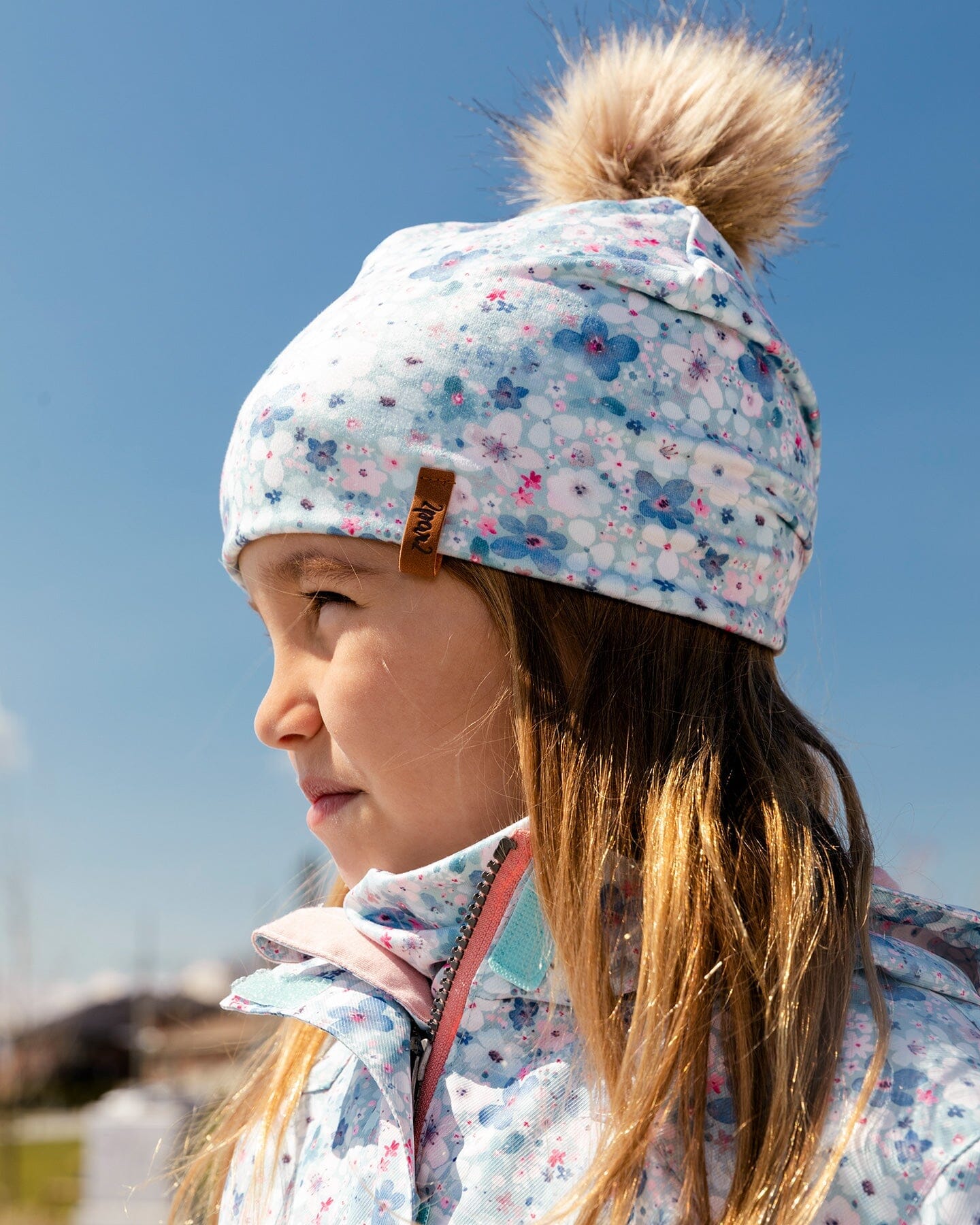 Detachable Pompom Hat Baby Blue Printed Watercolor Flowers