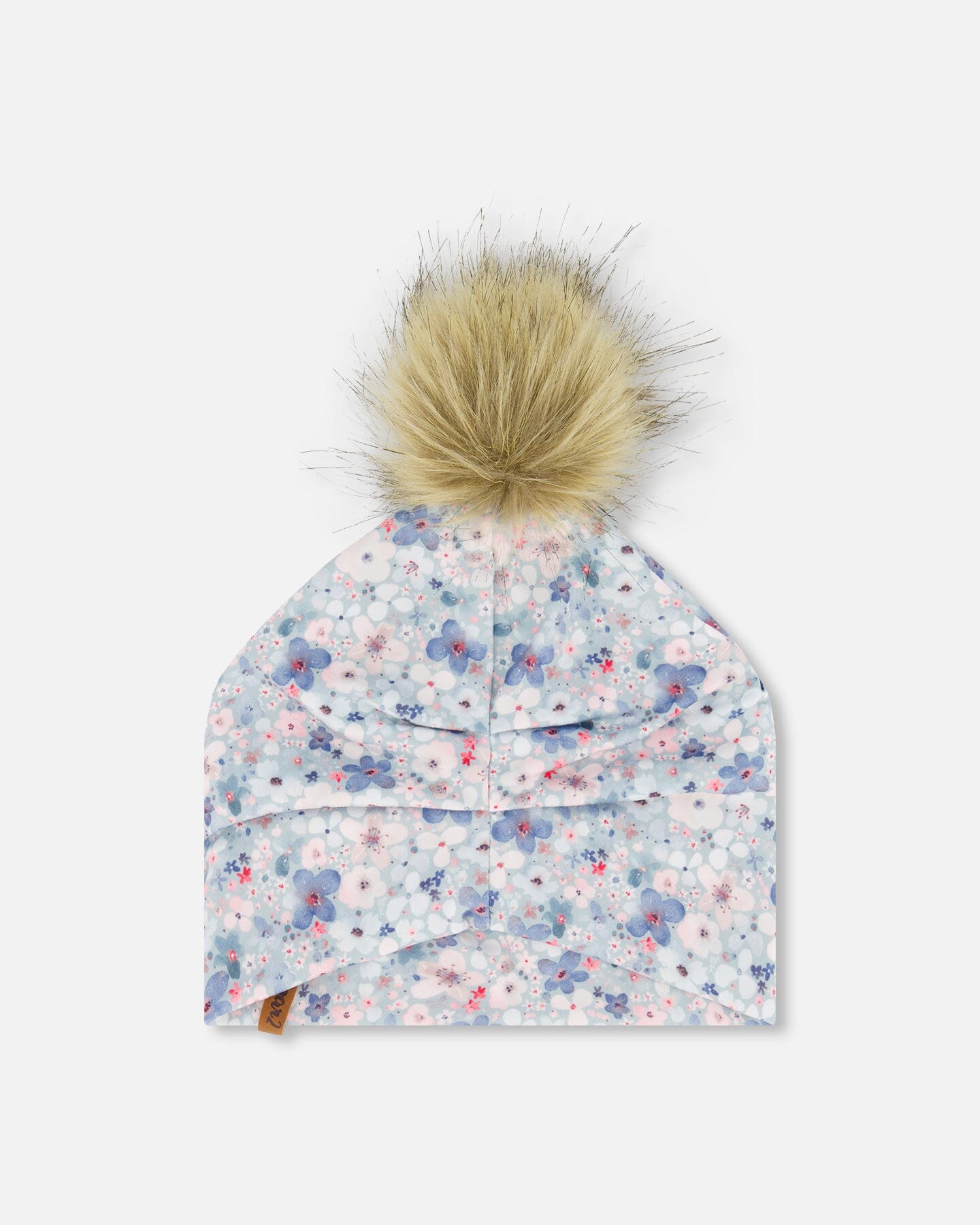 Detachable Pompom Hat Baby Blue Printed Watercolor Flowers