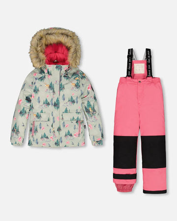 Two Piece Snowsuit Candy Pink Printed Deer