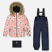 Two Piece Snowsuit Pink Printed Off White Flowers And Navy