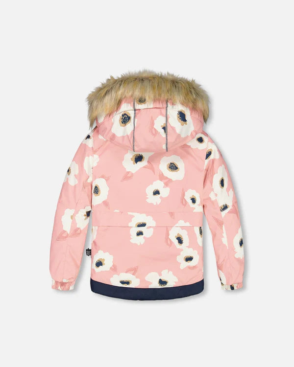 Two Piece Snowsuit Pink Printed Off White Flowers And Navy