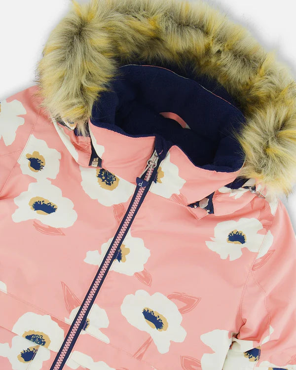 Two Piece Snowsuit Pink Printed Off White Flowers And Navy