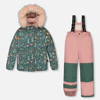 Two Piece Snowsuit Silver Pink Printed Woodland Animals