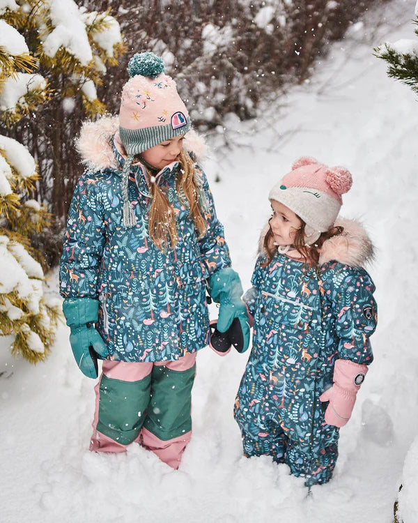 Two Piece Snowsuit Silver Pink Printed Woodland Animals