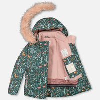 Two Piece Snowsuit Silver Pink Printed Woodland Animals