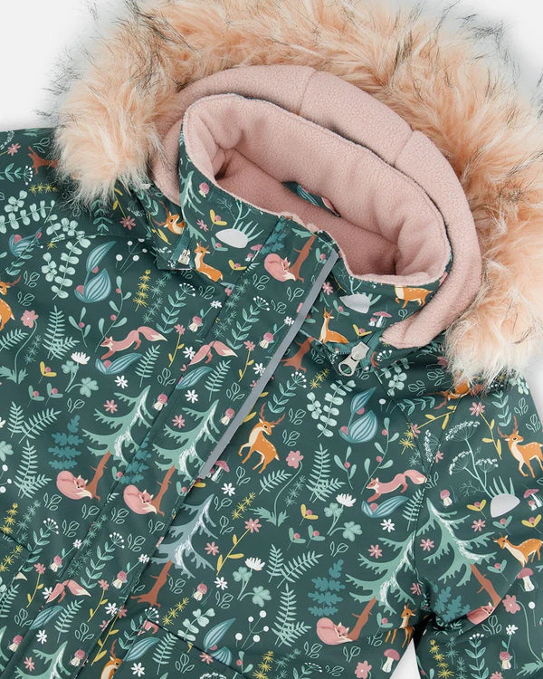 Two Piece Snowsuit Silver Pink Printed Woodland Animals