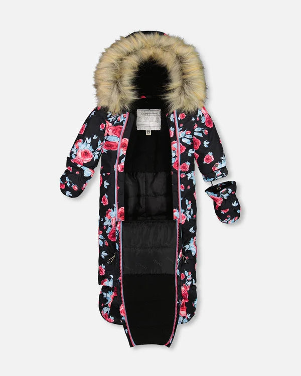 One Piece Baby Snowsuit Black Printed Roses Designed For Car Seat