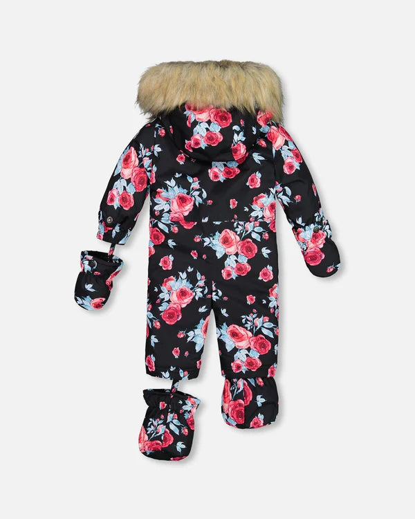 One Piece Baby Snowsuit Black Printed Roses Designed For Car Seat