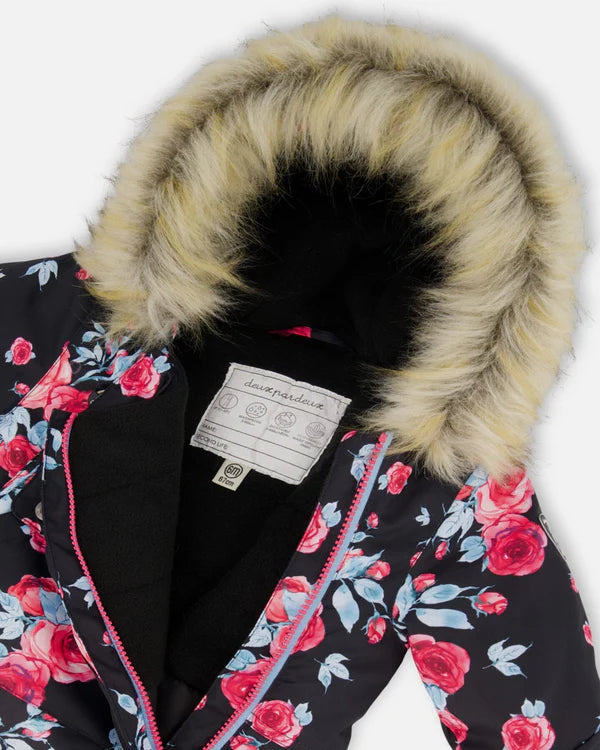 One Piece Baby Snowsuit Black Printed Roses Designed For Car Seat