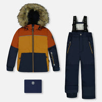 Two Piece Snowsuit Colorblock Burnt Orange, Brown And Navy