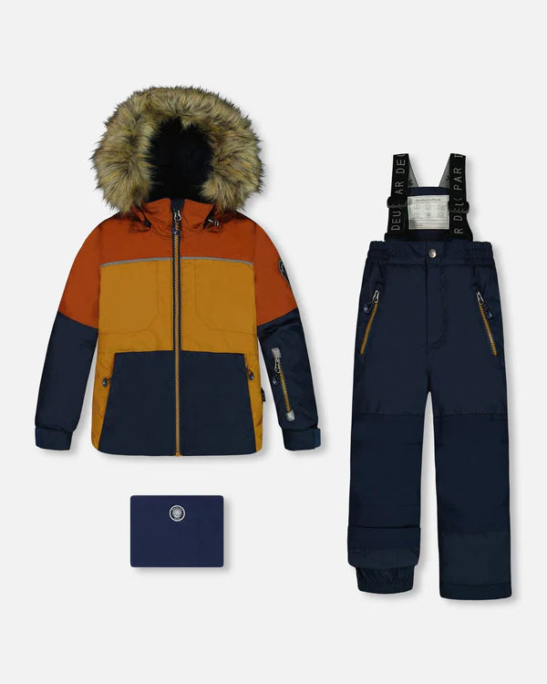 Two Piece Snowsuit Colorblock Burnt Orange, Brown And Navy