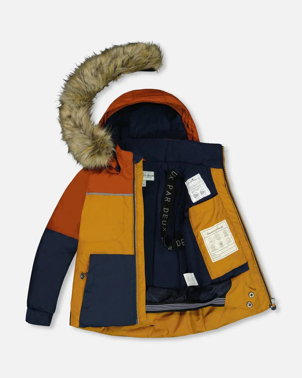 Two Piece Snowsuit Colorblock Burnt Orange, Brown And Navy