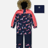 One Piece Snowsuit Navy Printed Unicorn