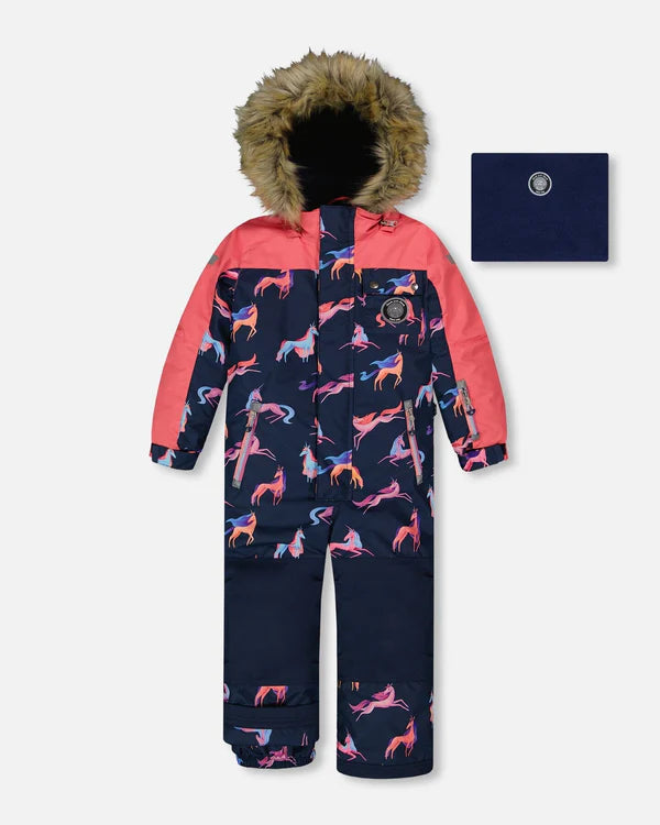 One Piece Snowsuit Navy Printed Unicorn