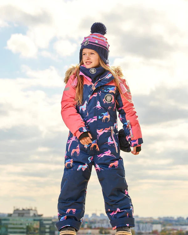 One Piece Snowsuit Navy Printed Unicorn