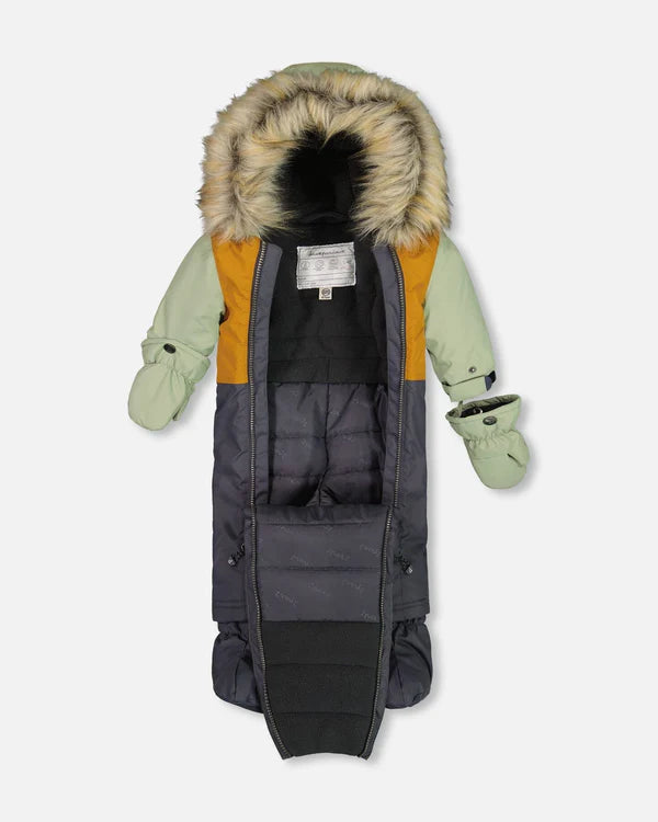 One Piece Baby Snowsuit Sage, Brown And Dark Grey