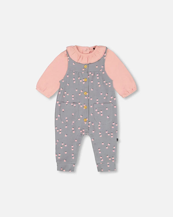 Organic Cotton Onesie And Printed Overall Set Gray With Apples