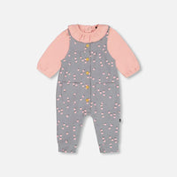 Organic Cotton Onesie And Printed Overall Set Gray With Apples