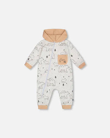 Organic Cotton Hooded Jumpsuit Gray Mix Printed Bears