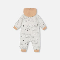 Organic Cotton Hooded Jumpsuit Gray Mix Printed Bears