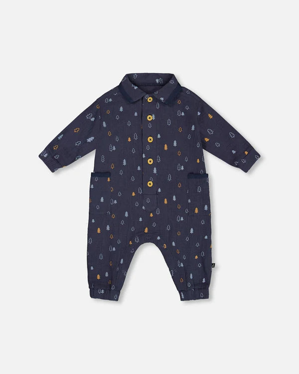 Printed Muslin Jumpsuit Blue With Pine