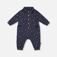 Printed Muslin Jumpsuit Blue With Pine