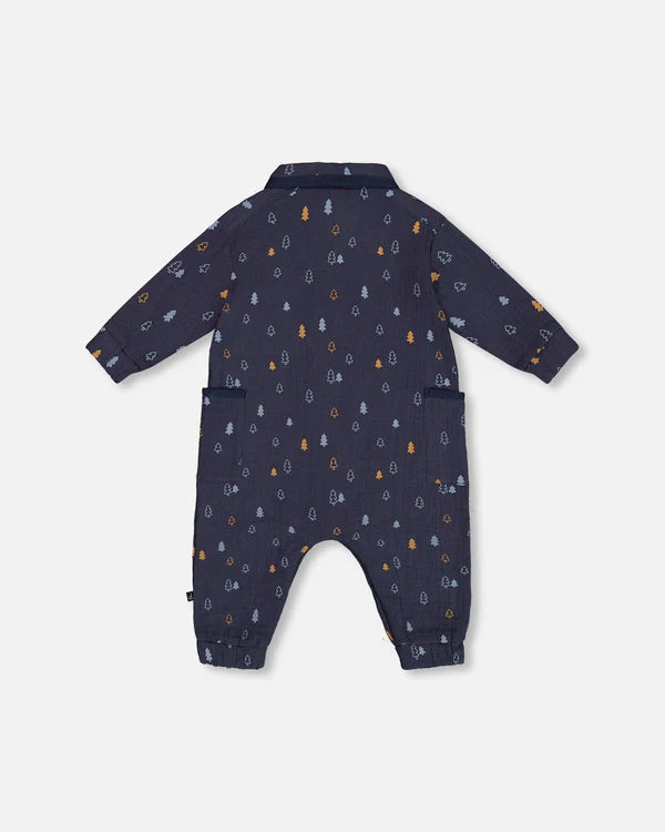 Printed Muslin Jumpsuit Blue With Pine